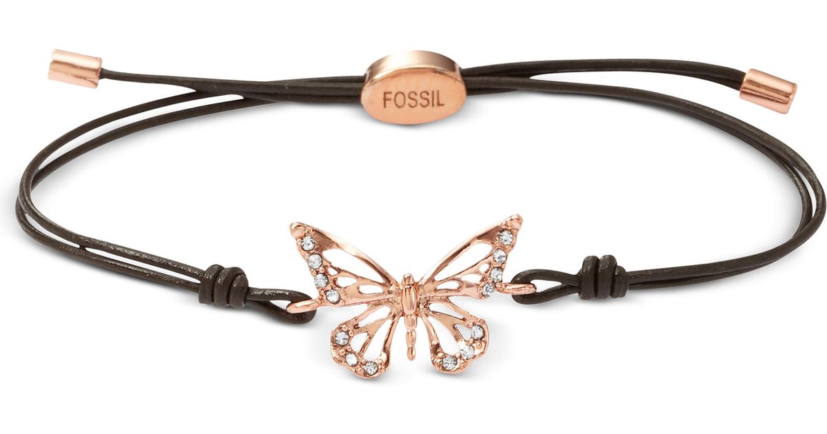 Fossil Rose Gold Tone Erfly Black Leather Cord Bracelet In Fossil Rose Gold Tone Erfly Black Leather Cord Bracelet In Metallic Lyst