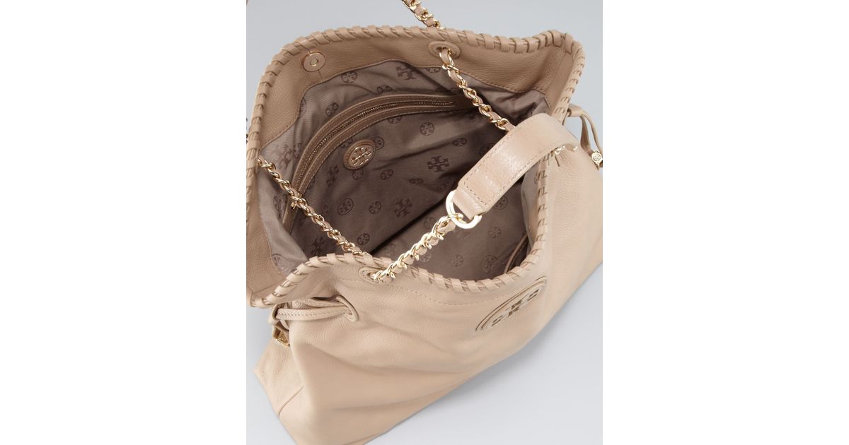 Lyst Tory Burch Marion Slouchy Leather Tote Bag Clay Beige In Brown