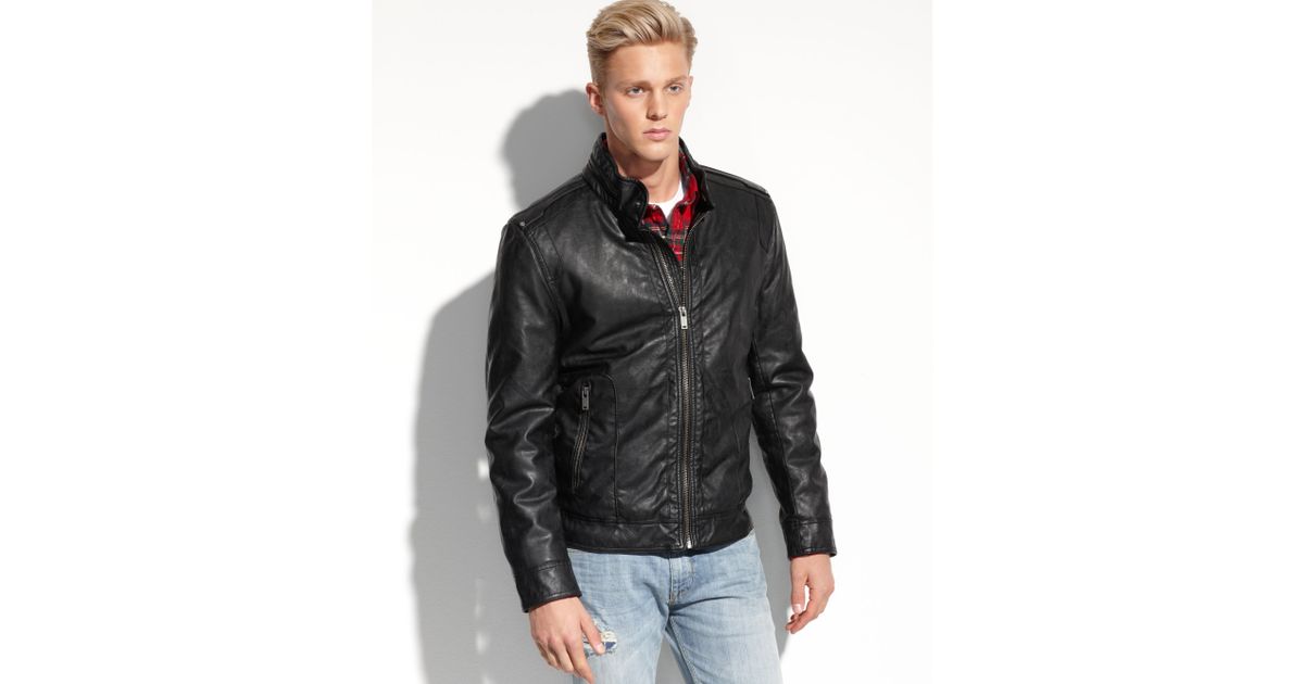 Guess Coats Light Weight Faux Leather Moto Jacket In Black For Men Guess Coats Light Weight Faux Leather Moto Jacket In Black For Men Lyst