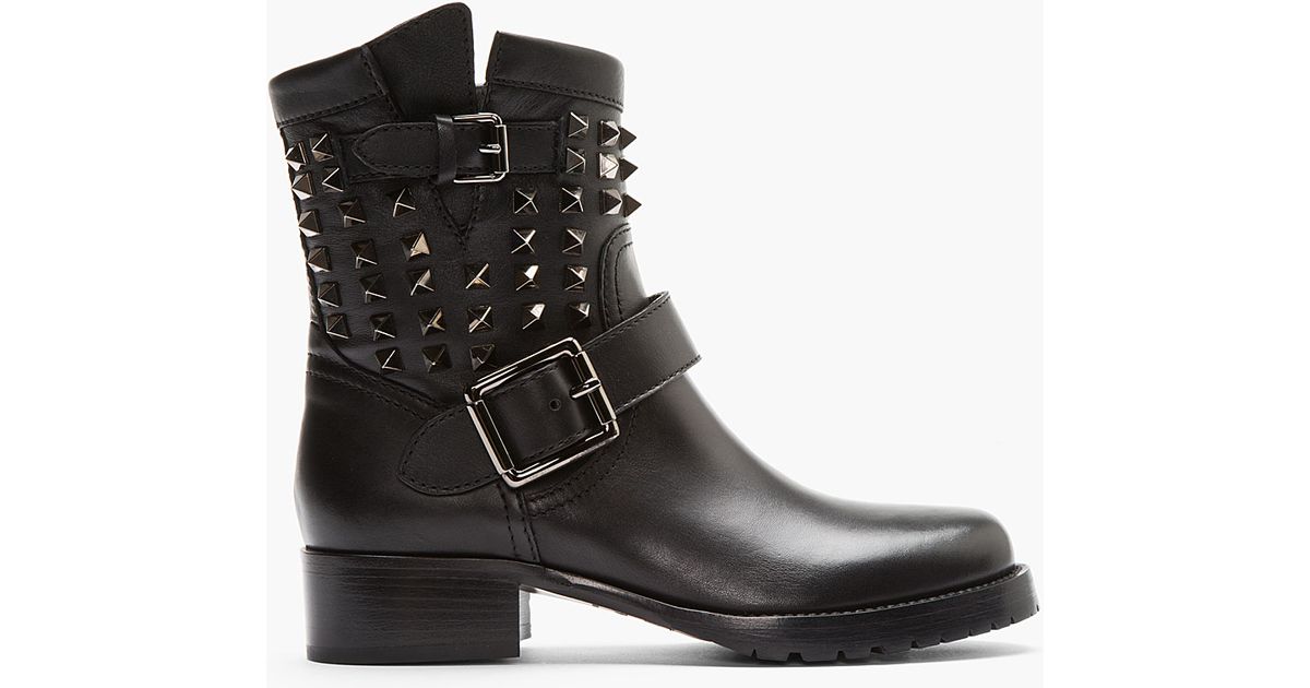 Lyst - Valentino Black Studded Leather Biker Boots in Black