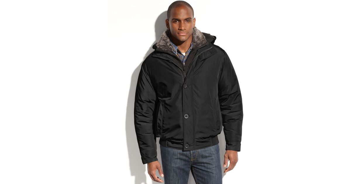 Weatherproof Ultra Oxford Hooded Faux Fur Collar Bomber Jacket in Black ...