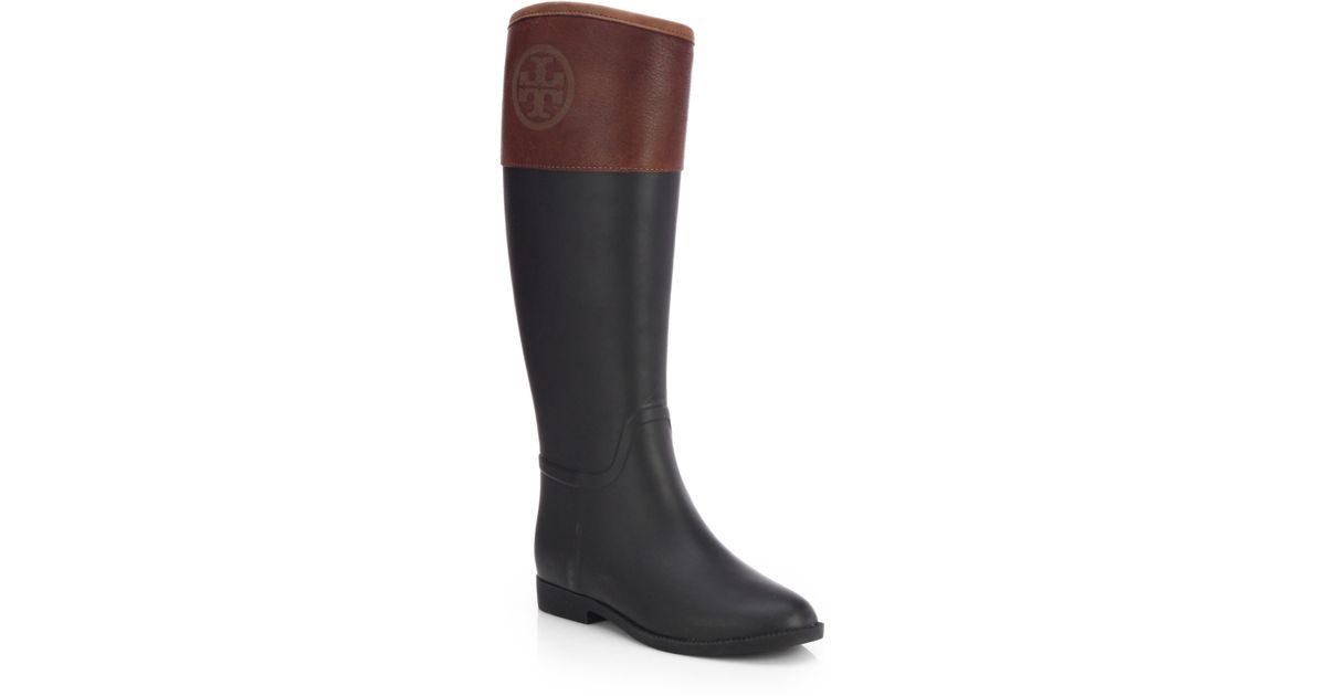 tory burch black and brown rain boots
