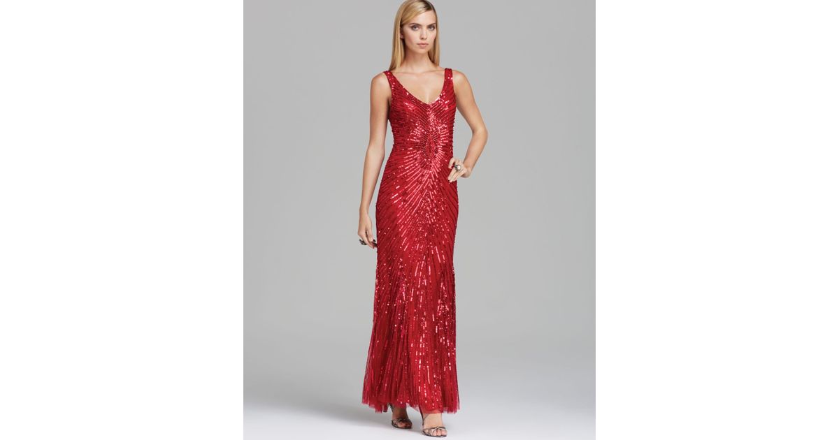 Lyst - Aidan Mattox V Neck Sequin Gown Sleeveless in Red