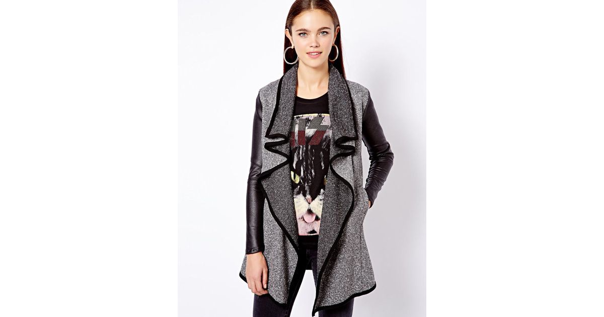 Lyst Asos Longline Waterfall Jacket With Leather Look Sleeve In Gray