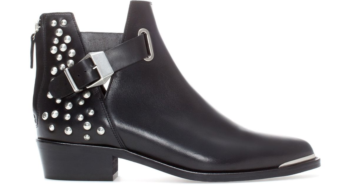 Zara Studded Flat Leather Ankle Boot in Black | Lyst