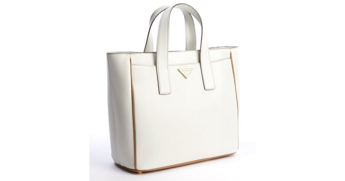 Prada Talc and Caramel Leather Small Square Tote Bag in White ...