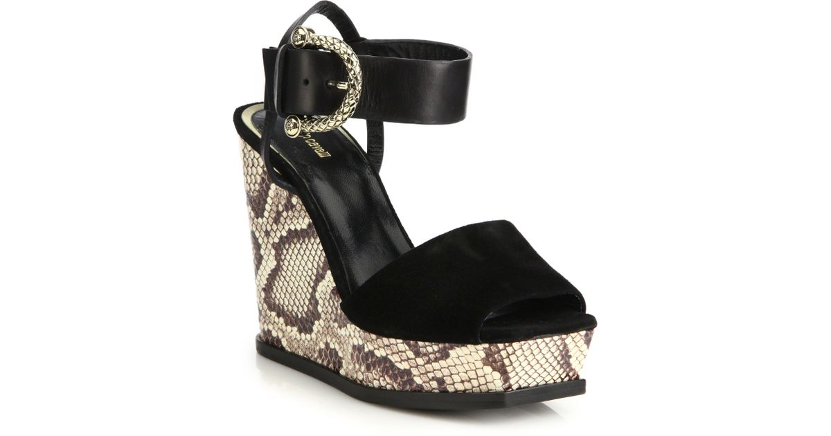 roberto cavalli elapne suede snakeskin embossed leather wedge sandals in black lyst roberto cavalli elapne suede snakeskin embossed leather wedge sandals in black lyst