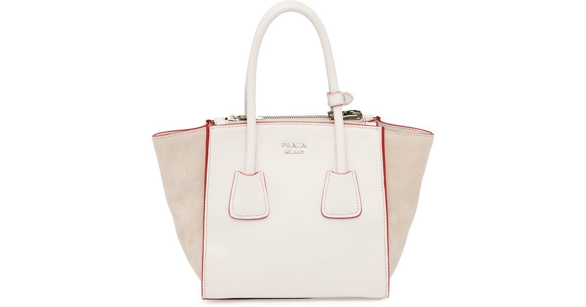 Prada Calfskin And Suede Mini Twin-pocket Tote Bag in Beige (WHITE ...