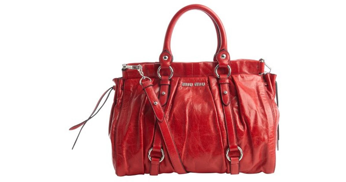Lyst Miu Red Pleated Leather Convertible Bag In