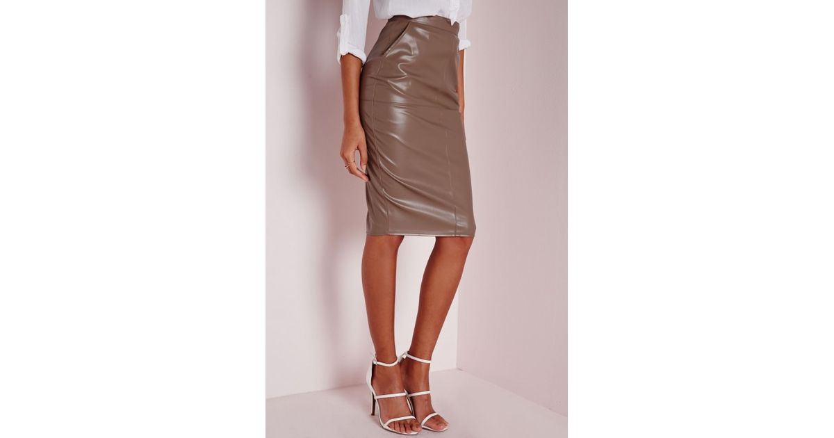 Lyst Missguided Tall Back Split Faux Leather Midi Skirt Taupe In Brown 4211