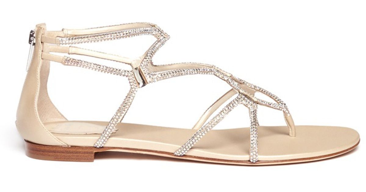 metallic strappy micro crystal flat sandals