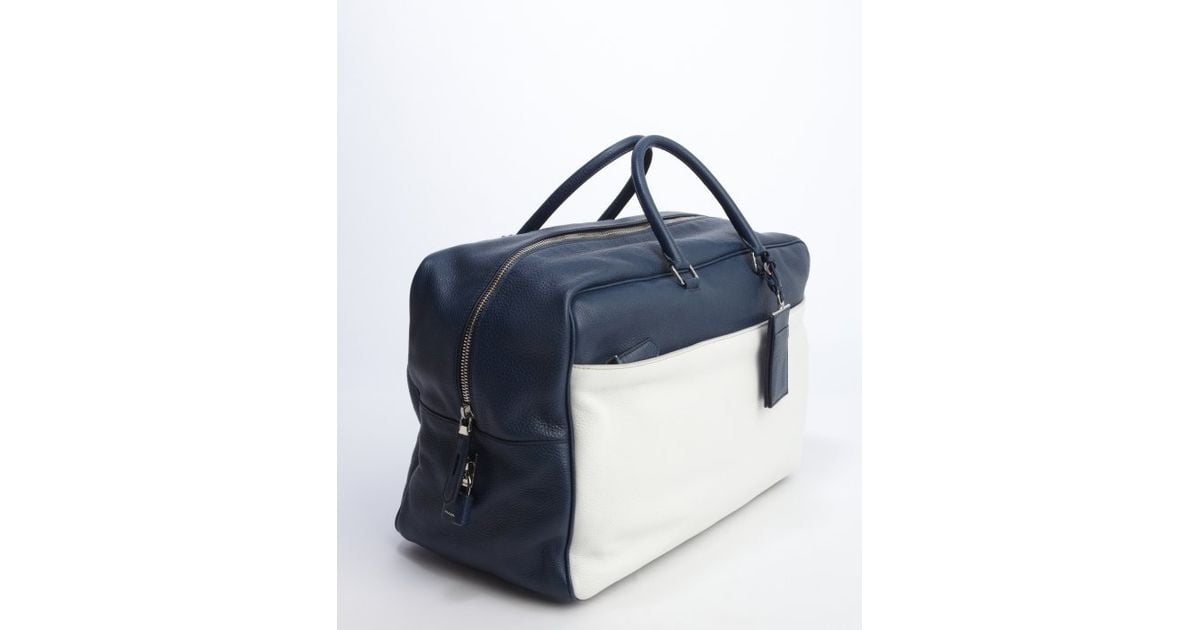 Prada Navy Blue And White Colorblocked On One Side Leather Travel ...  