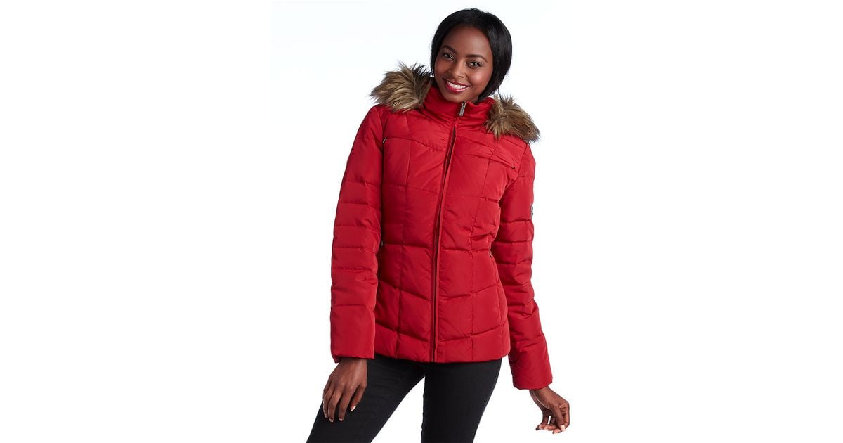Calvin Klein Petite Hooded Puffer Jacket with Faux Fur Trim in Red Lyst
