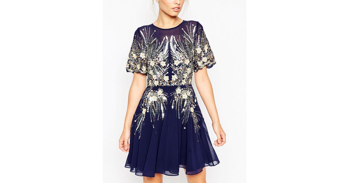 Lyst Asos Gold And Navy Sparkle Mesh Skater Dress In Blue
