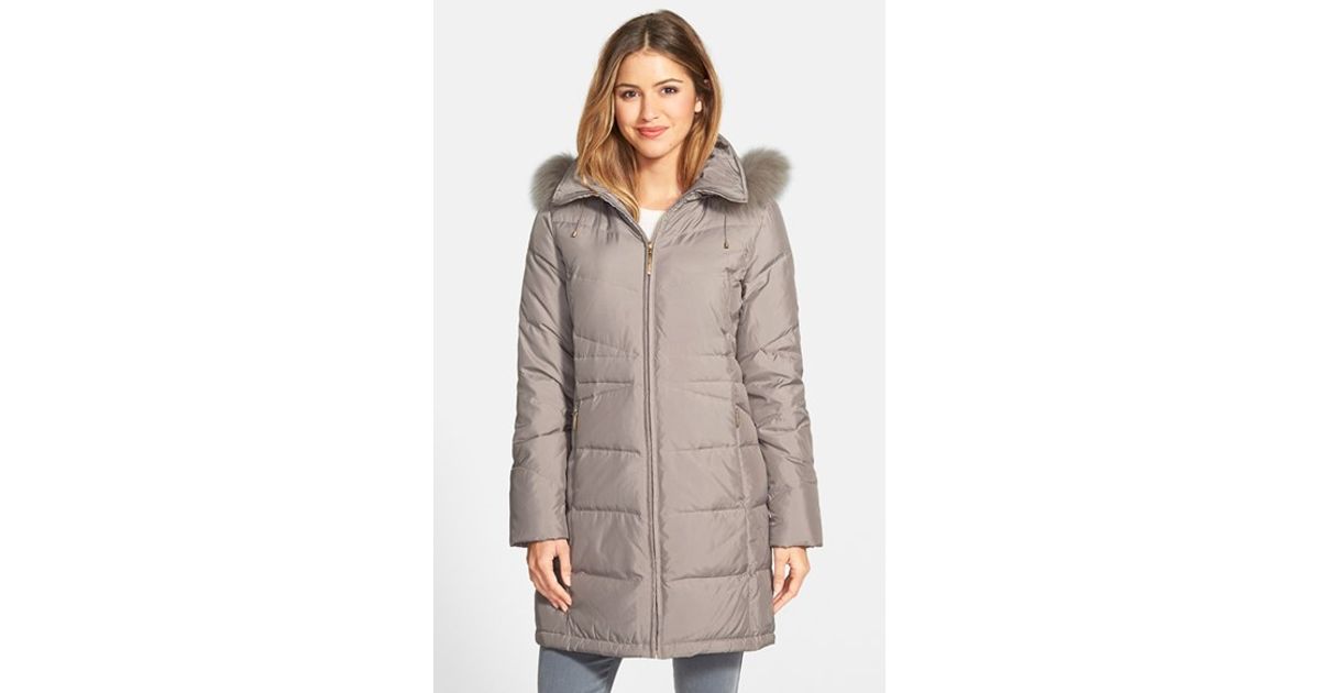 Cole Haan Down Coat With Rabbit Faux Fur Removable Collar In Blue Betsey Johnson Faux Fur Trim Parka