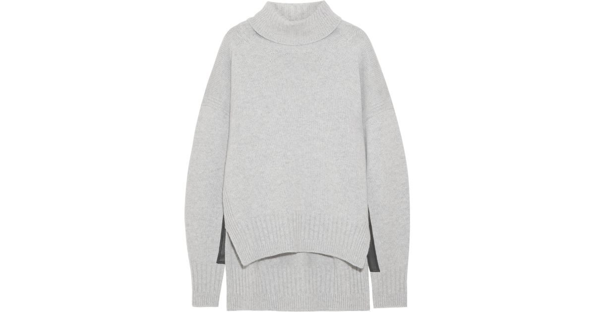 Jil sander Leather-Trimmed Cashmere Turtleneck Sweater in Gray | Lyst