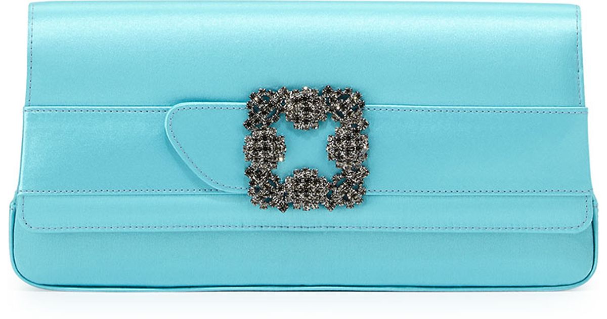 Lyst Manolo Blahnik Gothisi Crystal Buckle Satin Clutch Bag In Blue