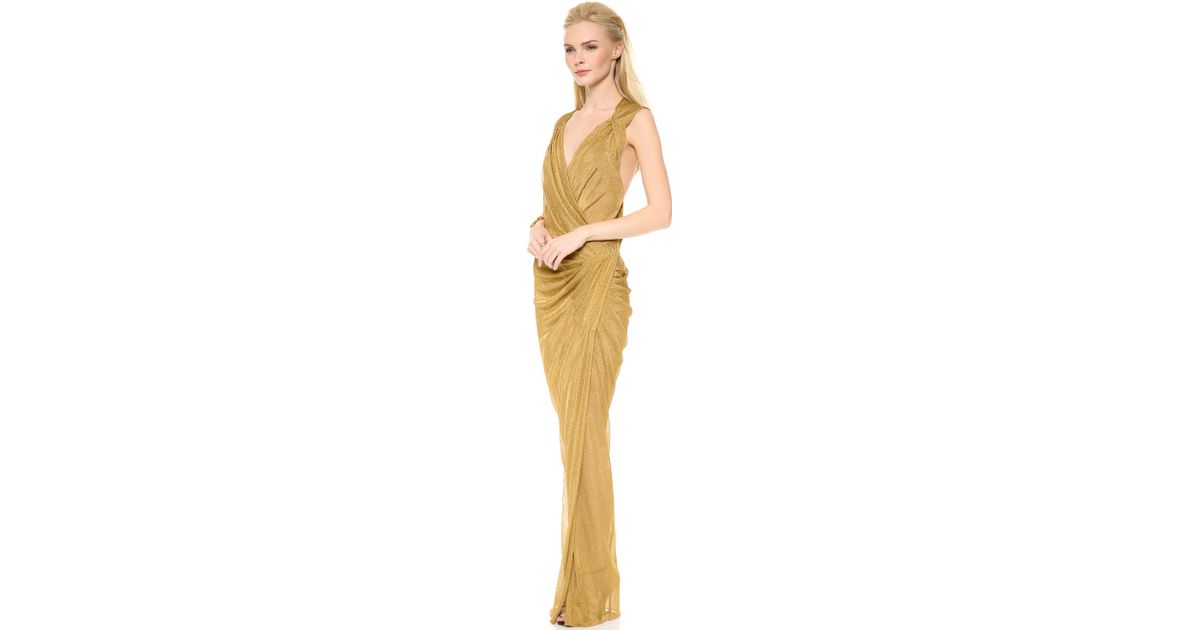 Lyst Donna Karan Plunge Twist Evening Gown In Metallic