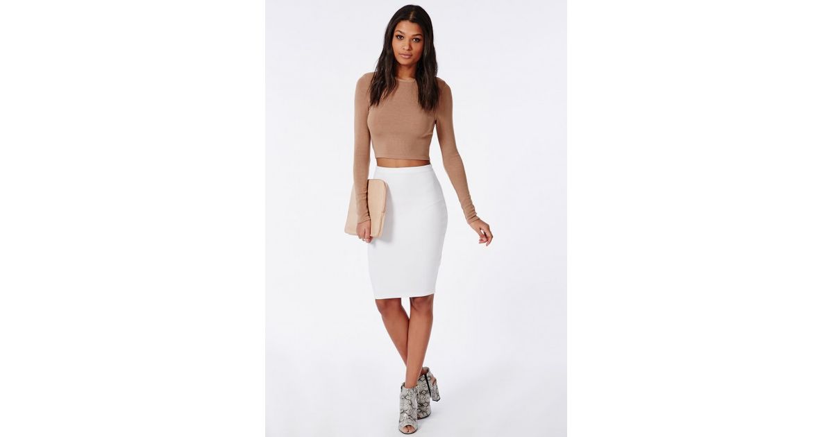 Lyst - Missguided Ribbed Long Sleeve Crop Top Camel in Natural