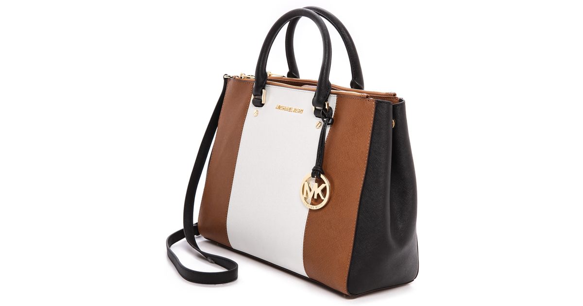 Lyst Michael Kors Sutton Center Stripe Large Satchel Lyst Michael Kors Sutton Center Stripe Large Satchel Luggagewhiteblack In Black