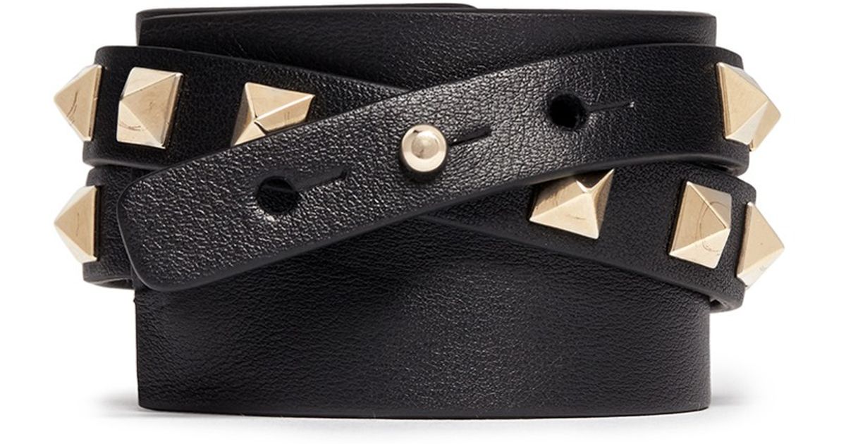 Lyst - Valentino 'rockstud' Double Wrap Leather Bracelet in Black