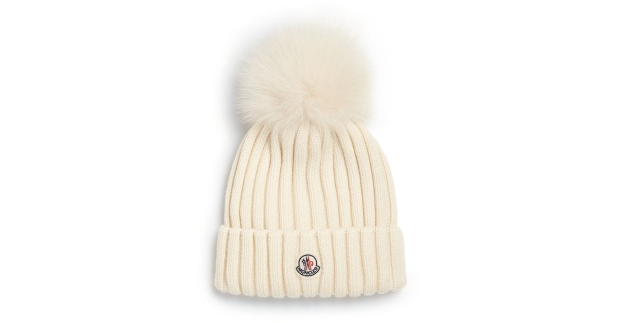 Lyst - Moncler Fur Pom-pom Ribbed Wool Hat in White