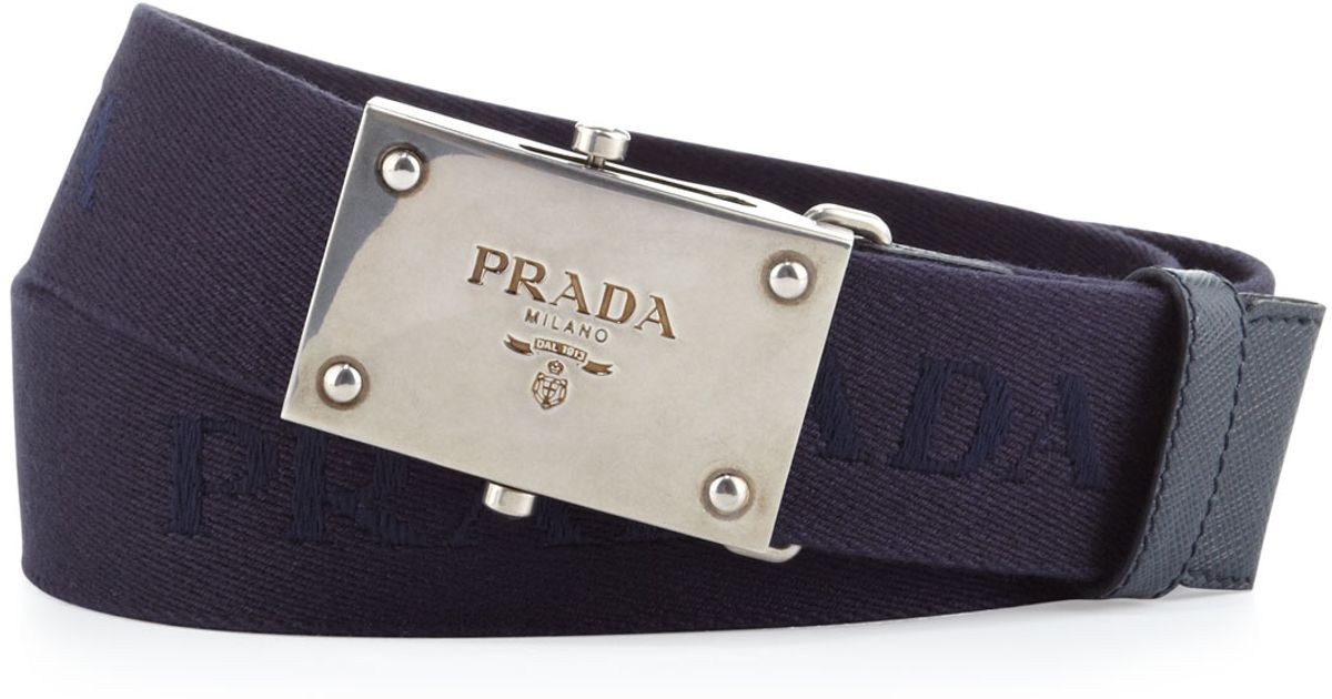 Prada Webbed Logo Plaque Belt in Blue for Men | Lyst  