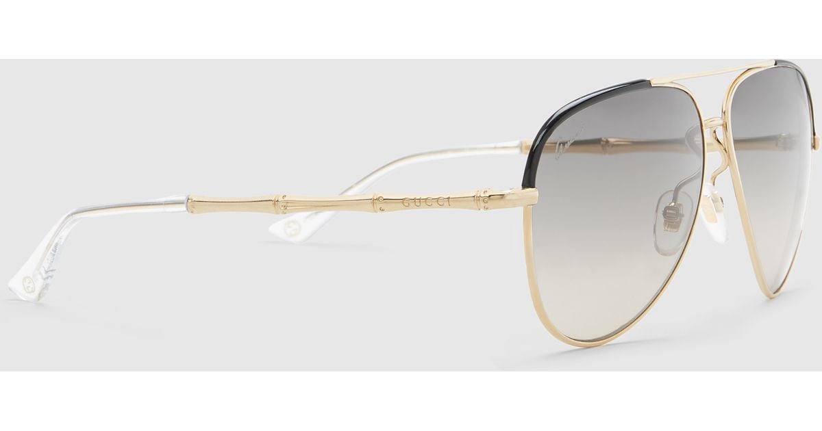 gucci black leather and gold metal aviator sunglasses ...