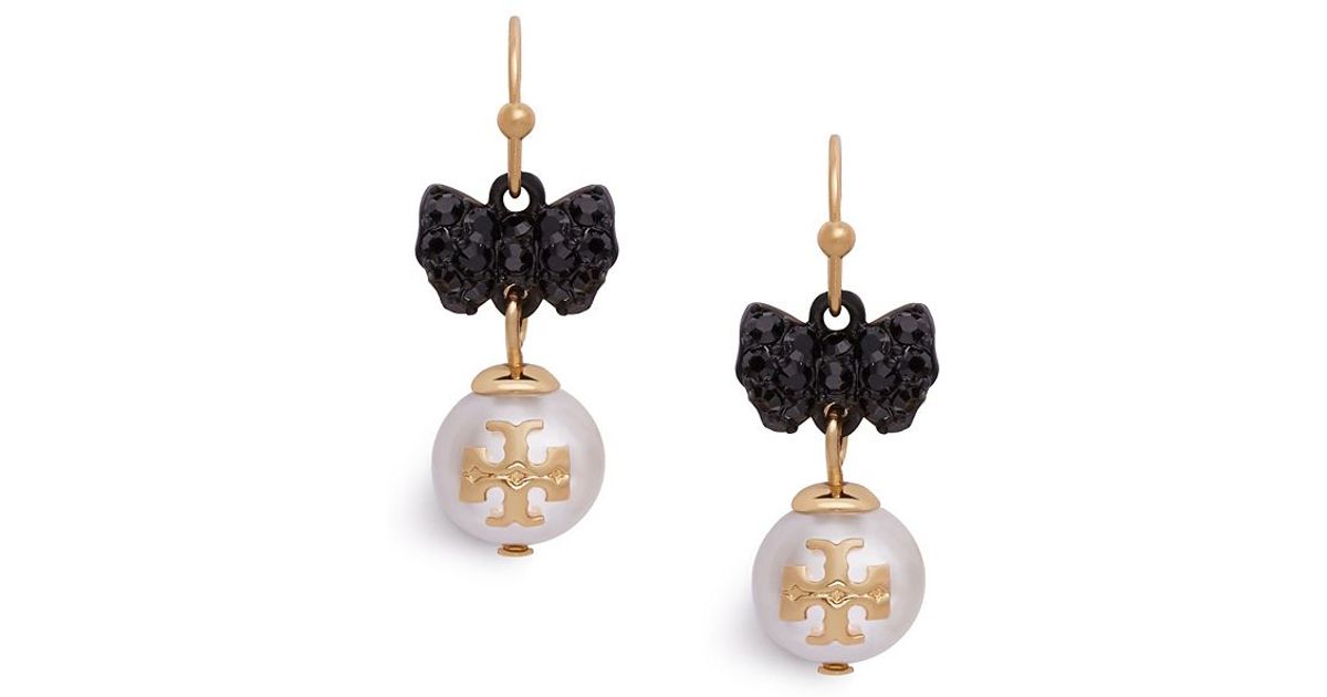 Lyst Tory Burch Crystal Pearl Bow Earring In Metallic