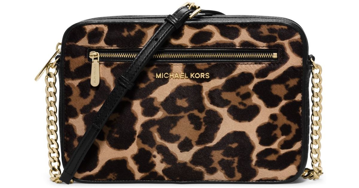 Lyst Michael Kors Jet Set Leopard Calf Hair Crossbody In Brown