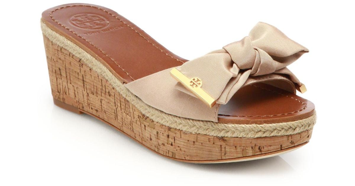 lyst tory burch penny grosgrain cork wedge slides in brown