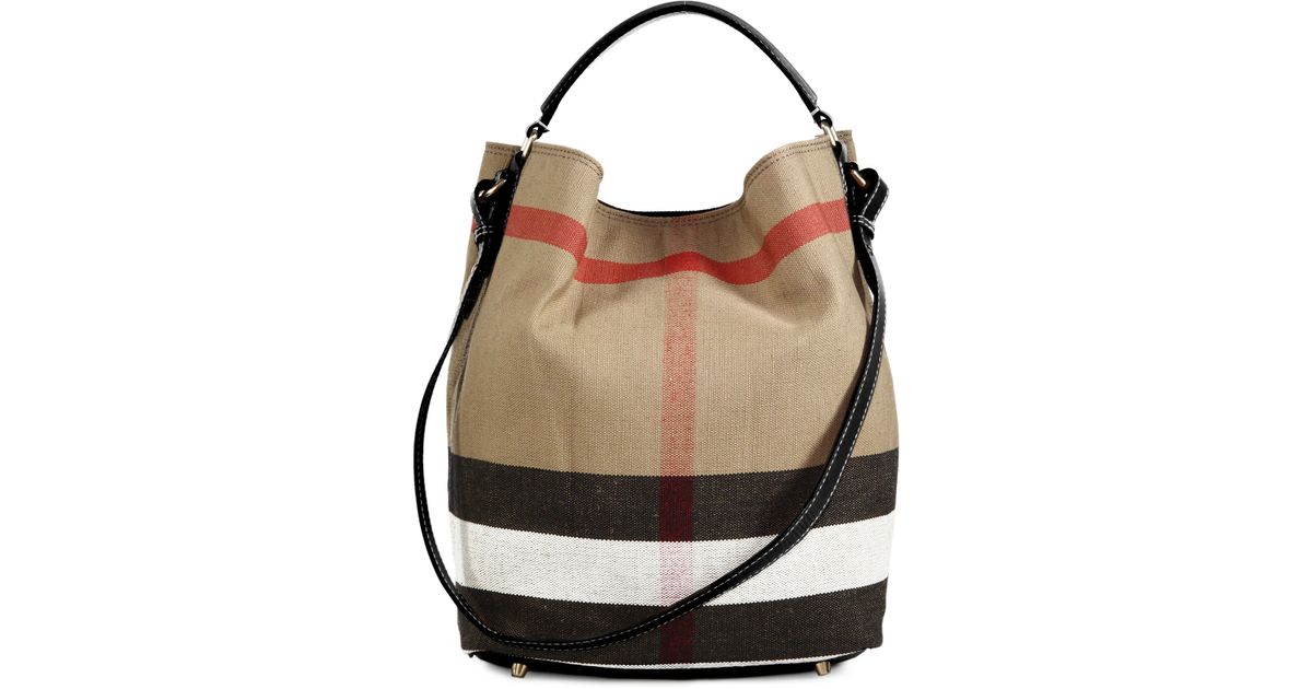 Burberry Natural Medium House Check Cotton Leather Bucket Bag Lyst