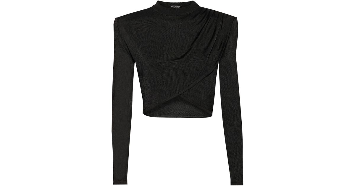Balmain Cropped Knitted Top in Black | Lyst