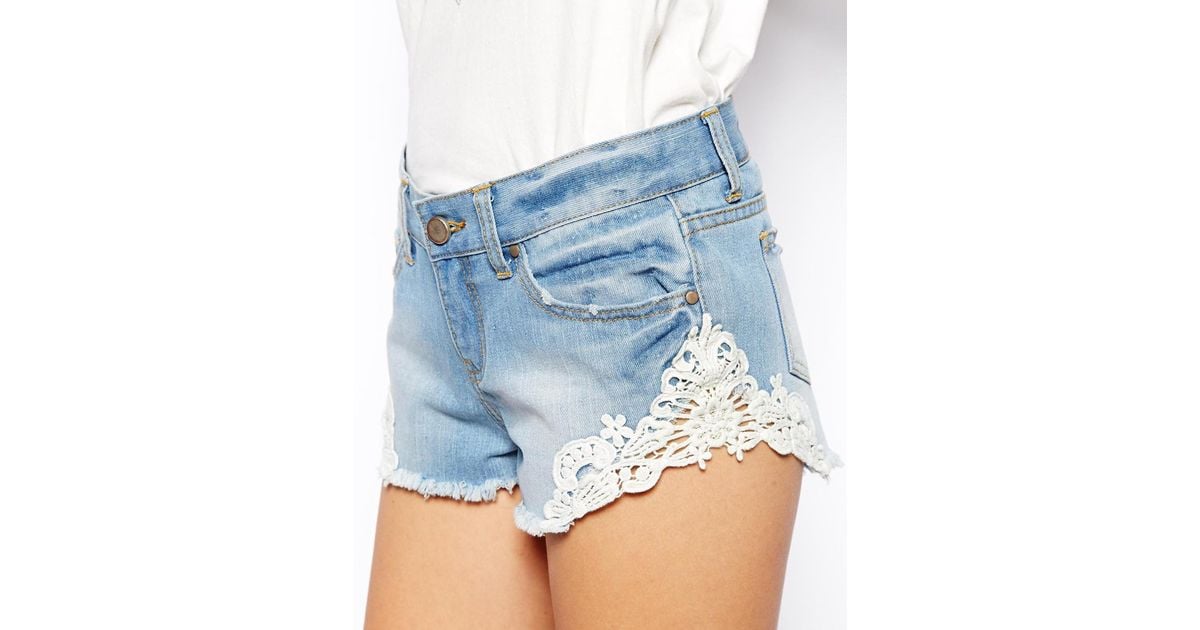 Lyst Asos Low Rise Denim Shorts With Lace Trim In Blue 5236