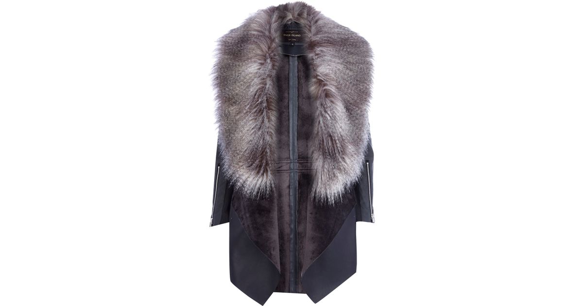 River Island Grey Leather Look Faux Fur Waterfall Jacket In Gray Lyst