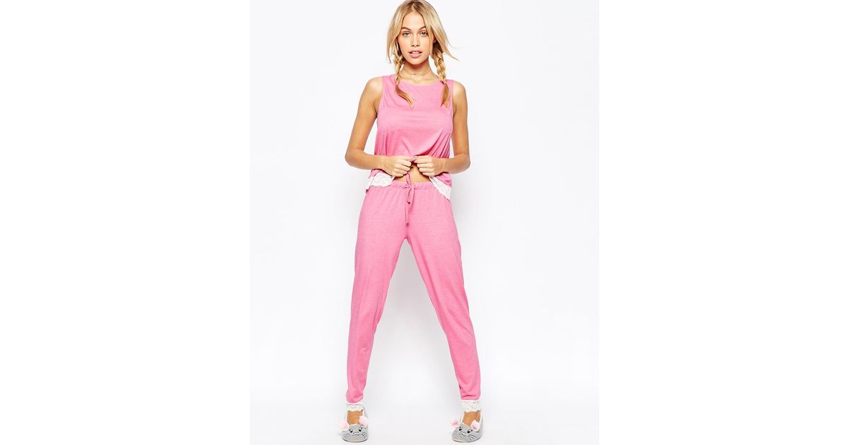 asos lace trim vest legging pyjama set in pink lyst asos lace trim vest legging pyjama set in pink lyst