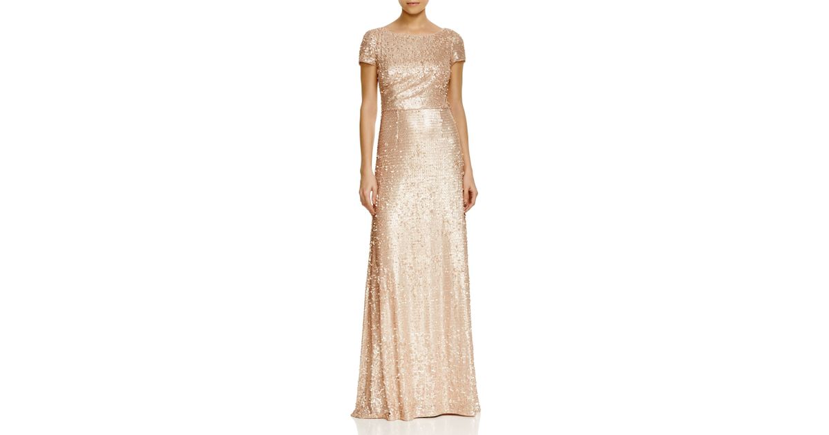 Adrianna papell Short Sleeve Sequin Gown in Beige (Nude) | Lyst