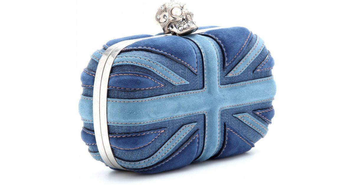 Lyst Alexander Mcqueen Britannia Skullembellished Denim Clutch In Blue
