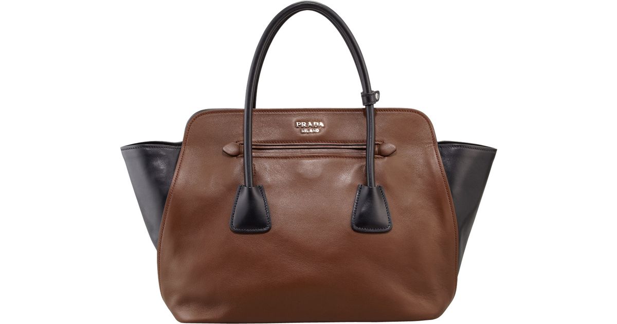 Prada Bicolor Soft Calfskin Tote Bag in Brown (BROWN/BLACK) | Lyst