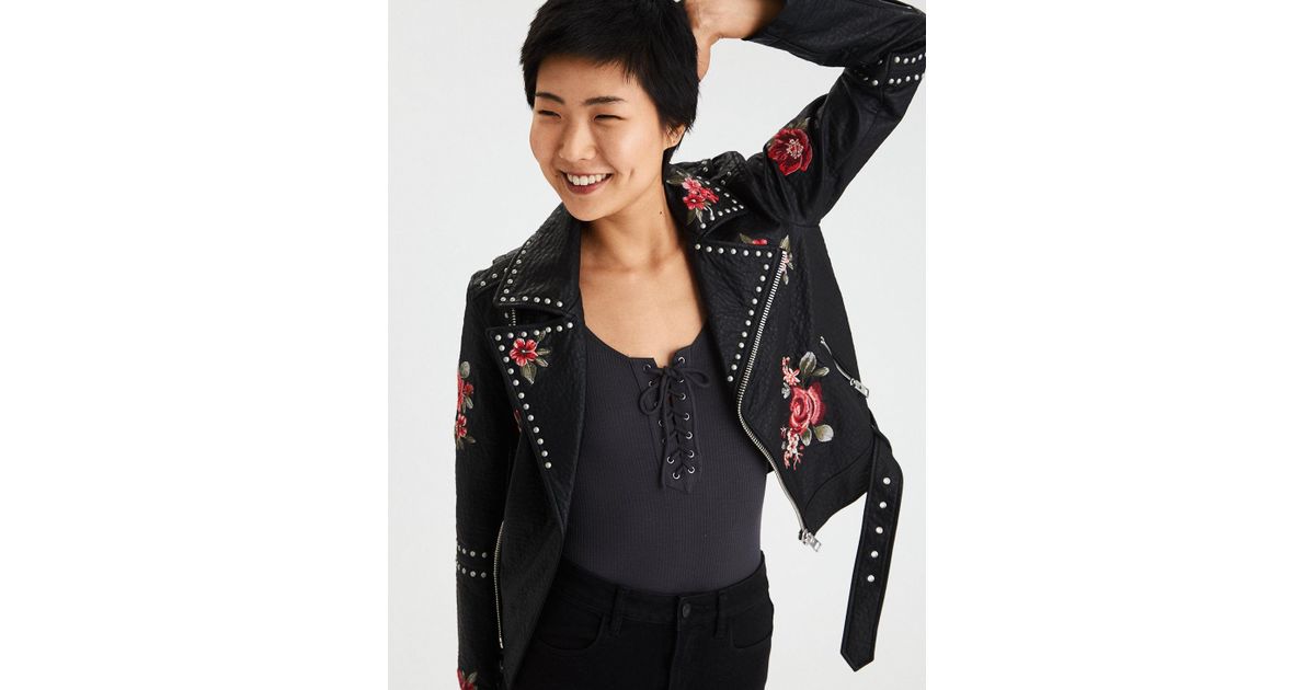 Lyst American Eagle Ae Embroidered Studded Faux Leather Moto Lyst American Eagle Ae Embroidered Studded Faux Leather Moto Jacket In Black