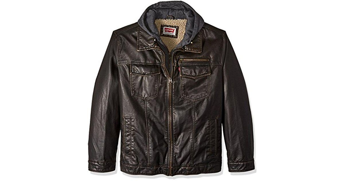 Levi S Brown Big Vintage Deer Faux Leather Hooded Trucker With Full Sherpa Lining For Men