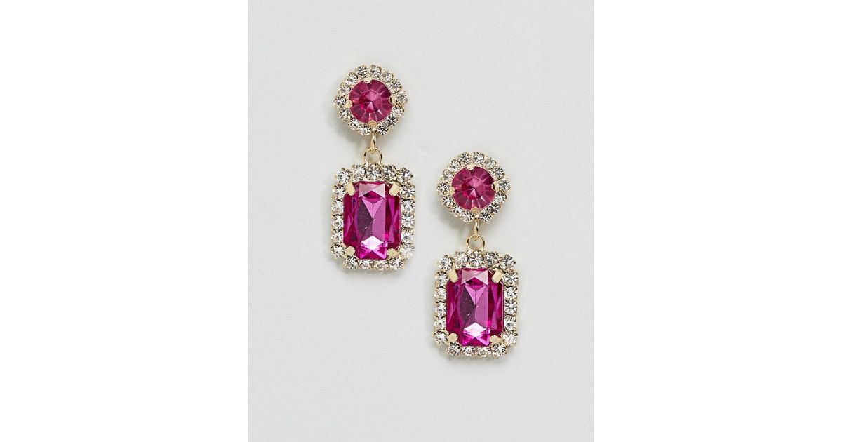 Lyst Asos Double Jewel Drop Earrings In Pink