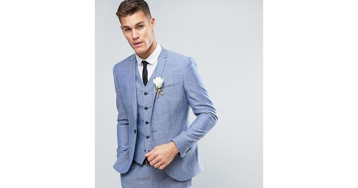 Noak Slim Wedding Suit Jacket In Linen Nepp Blue For Men Lyst
