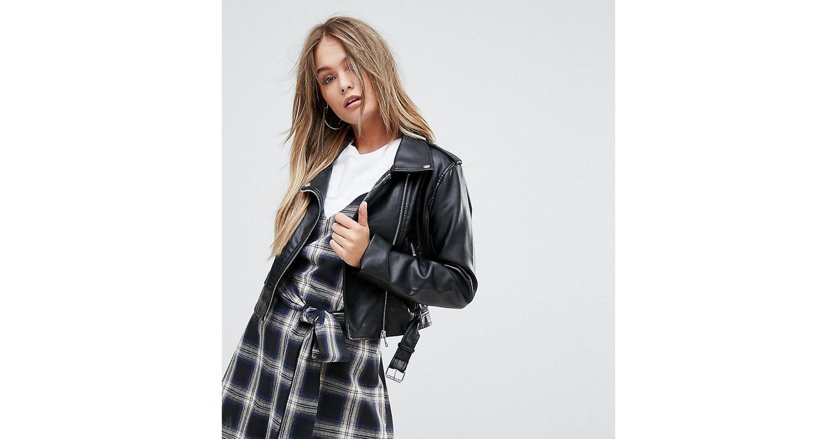 Prettylittlething Leather Look Biker Jacket In Black Lyst