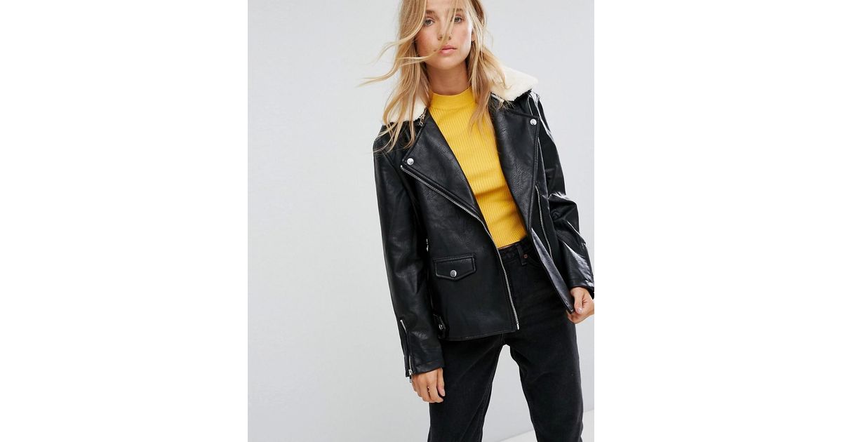 Bershka Faux Leather Long Line Biker Jacket In Black Lyst