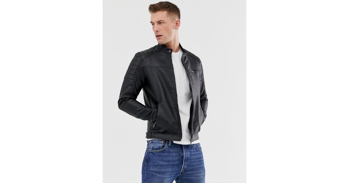 Jack Jones Core Faux Leather Racer Jacket In Black For Men Lyst