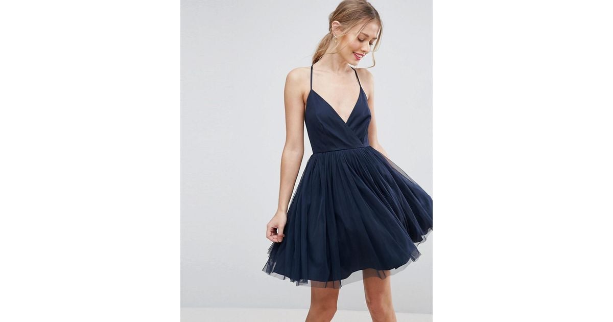 asos petite premium tulle mini prom dress with ribbon ties