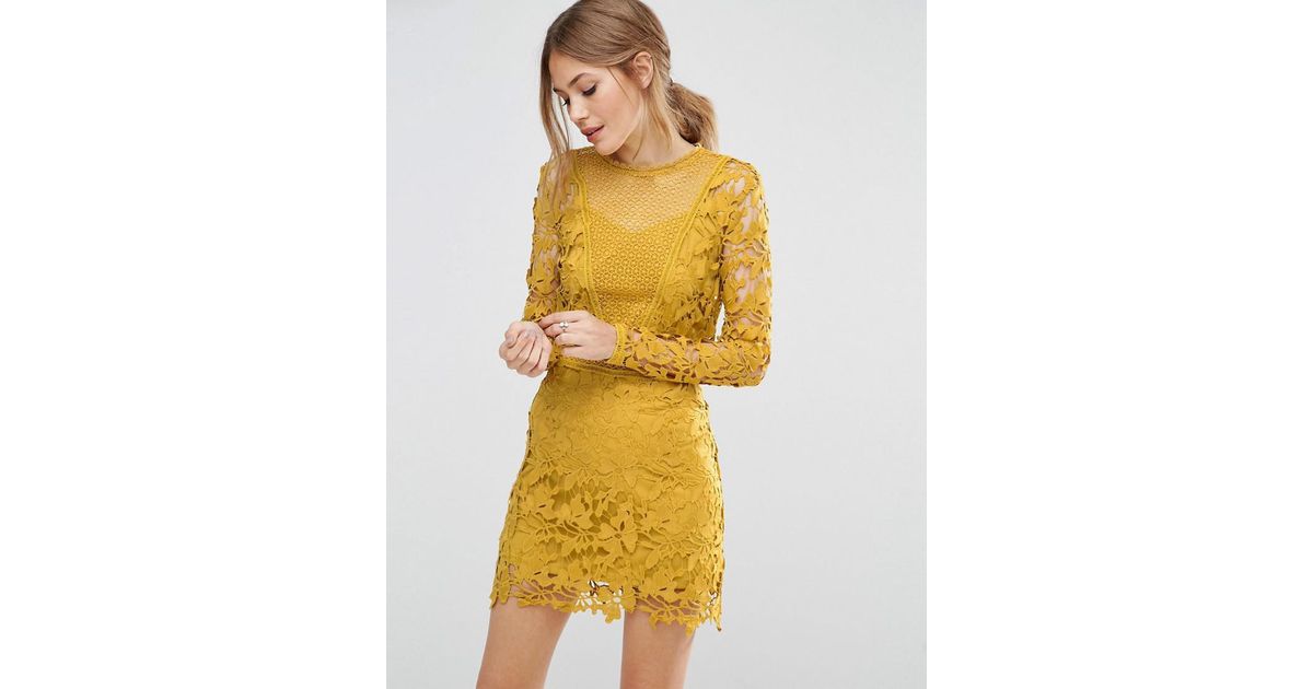 Lyst Asos Mustard Lace Long Sleeve Panelled Shift Dress In Yellow