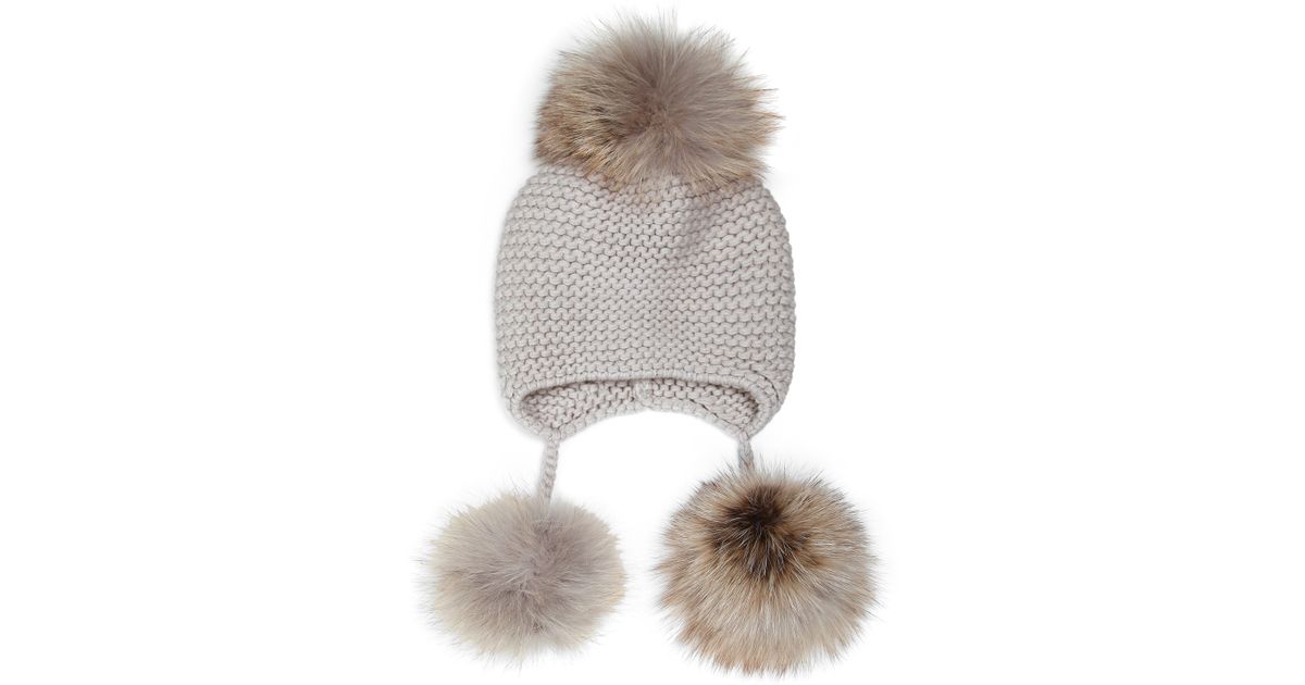 beige pom hat pom Triple  Fox Fur in Gray Lyst Cashmere Hat Inverni  Pom pom