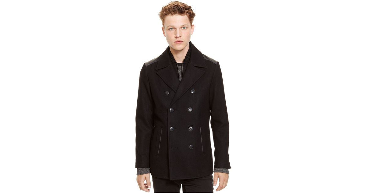 Via Spiga Women S Faux Leather Trim Peacoat Itrendsing Black Rivet Womens Wool Blend Peacoat W Faux